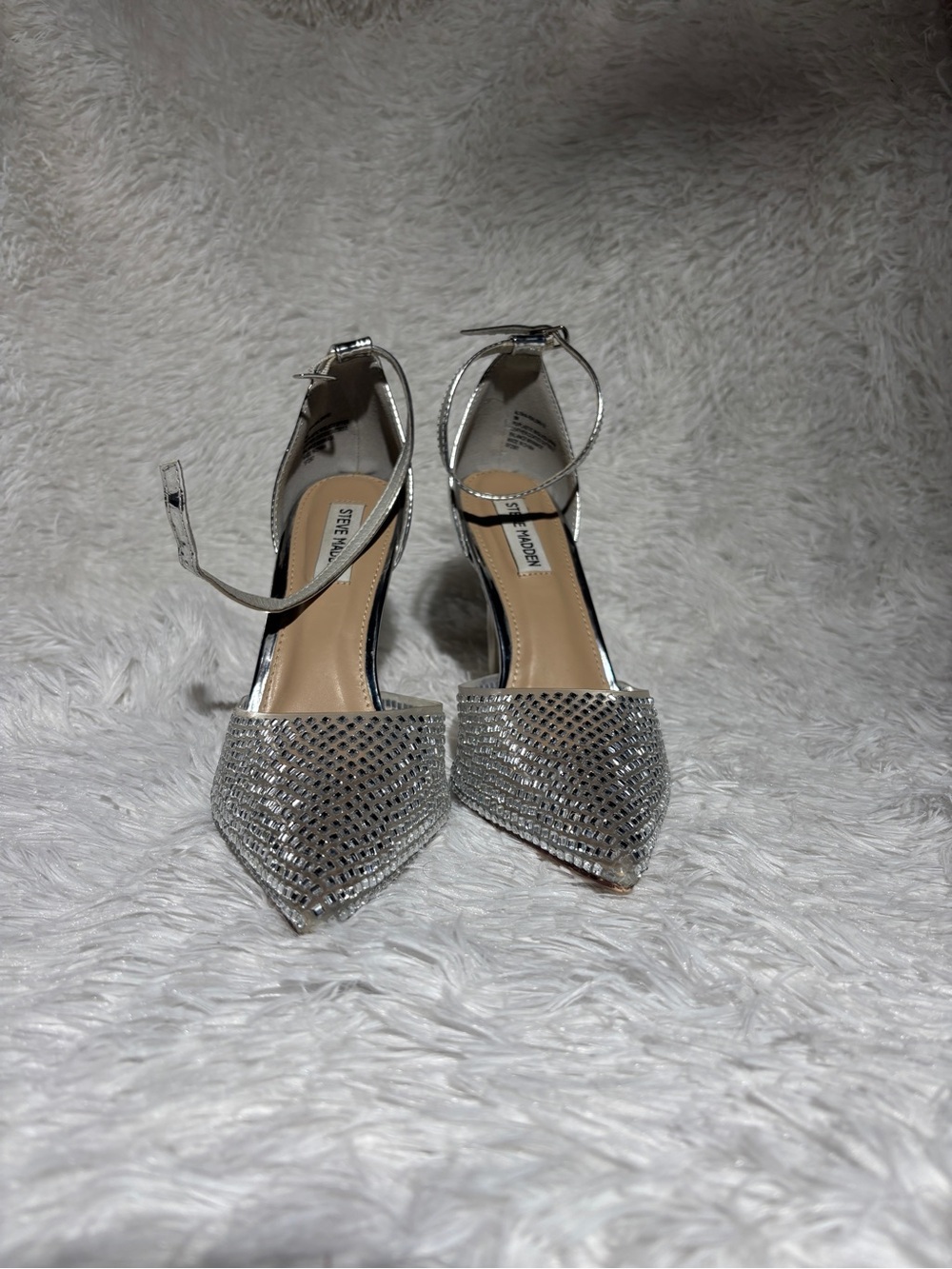 Steve Madden Silver Rhinestone Pointed-Toe Ankle-Strap Heels